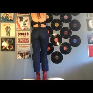 Dark wash highrise fringe bell bottoms